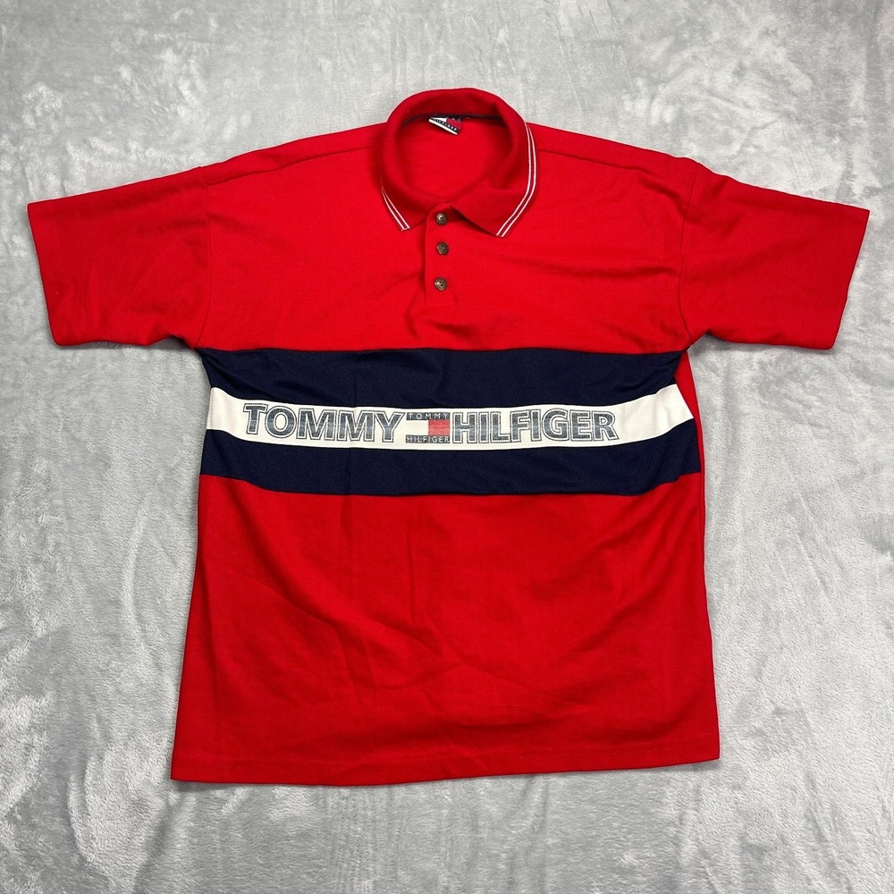 Tommy Hilfiger Polo Shirt Mens L Red Spell Out Logo Short Sleeve Popover Outdoor